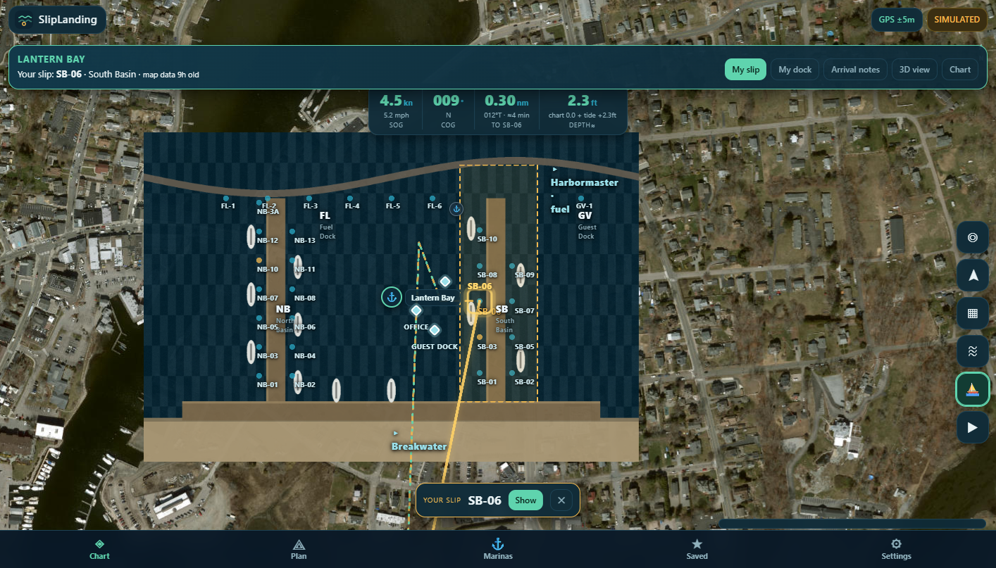 SlipLanding Arrival Mode — assigned slip highlighted with marina arrival notes