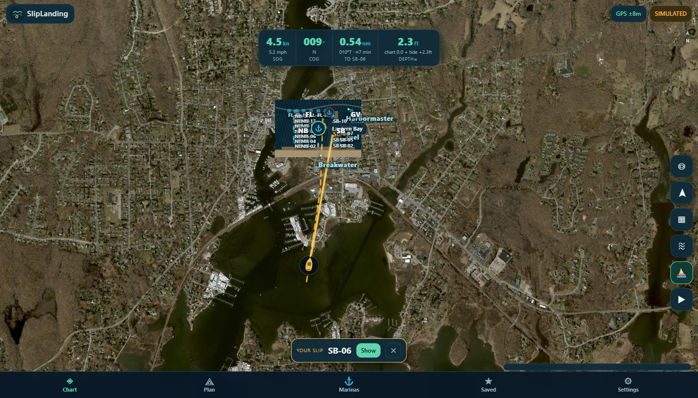 SlipLanding chart view — GPS HUD with speed, course, and distance in heading-up mode