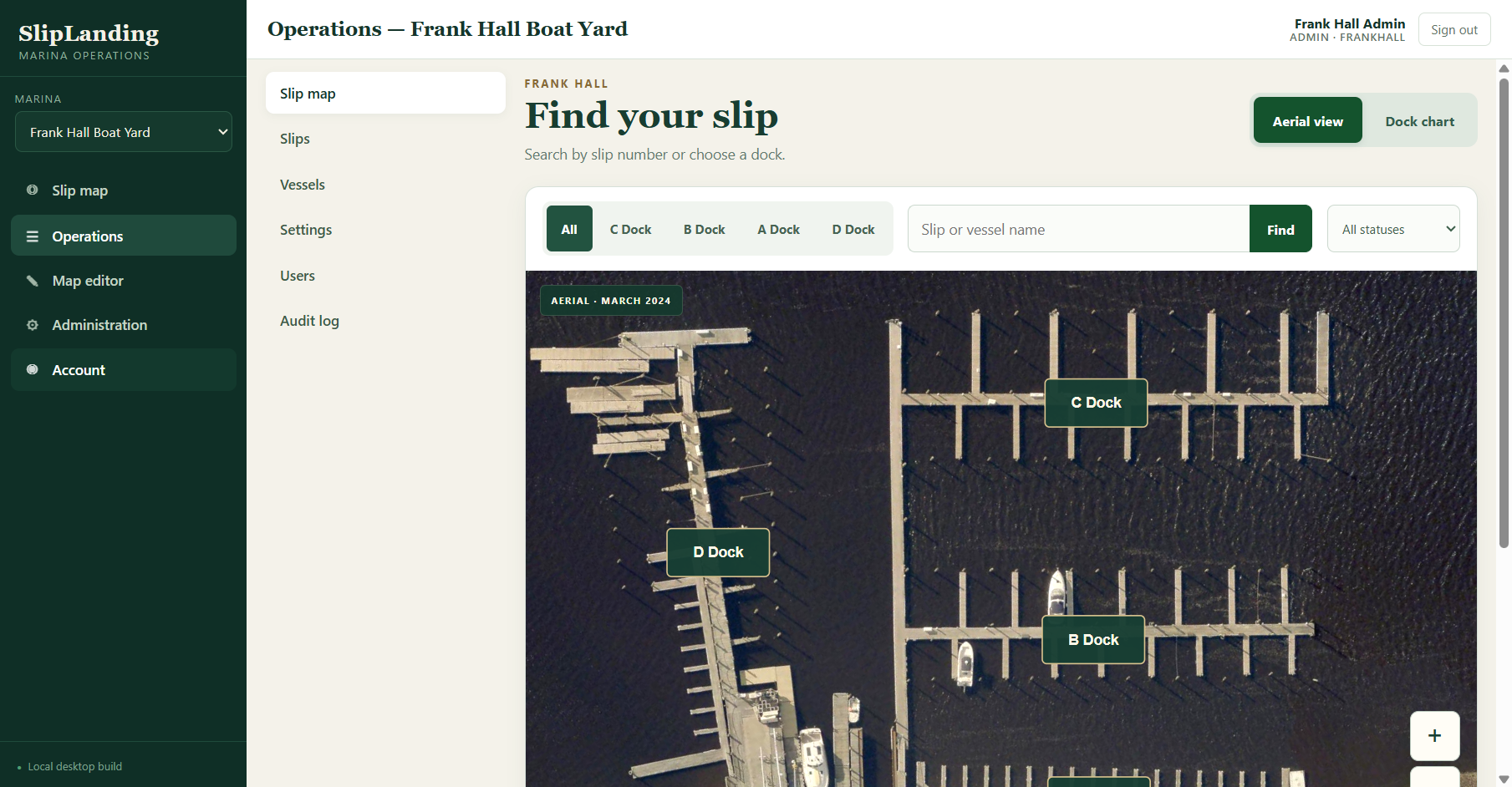 SlipLanding marina operations dashboard — slip map over the marina's aerial