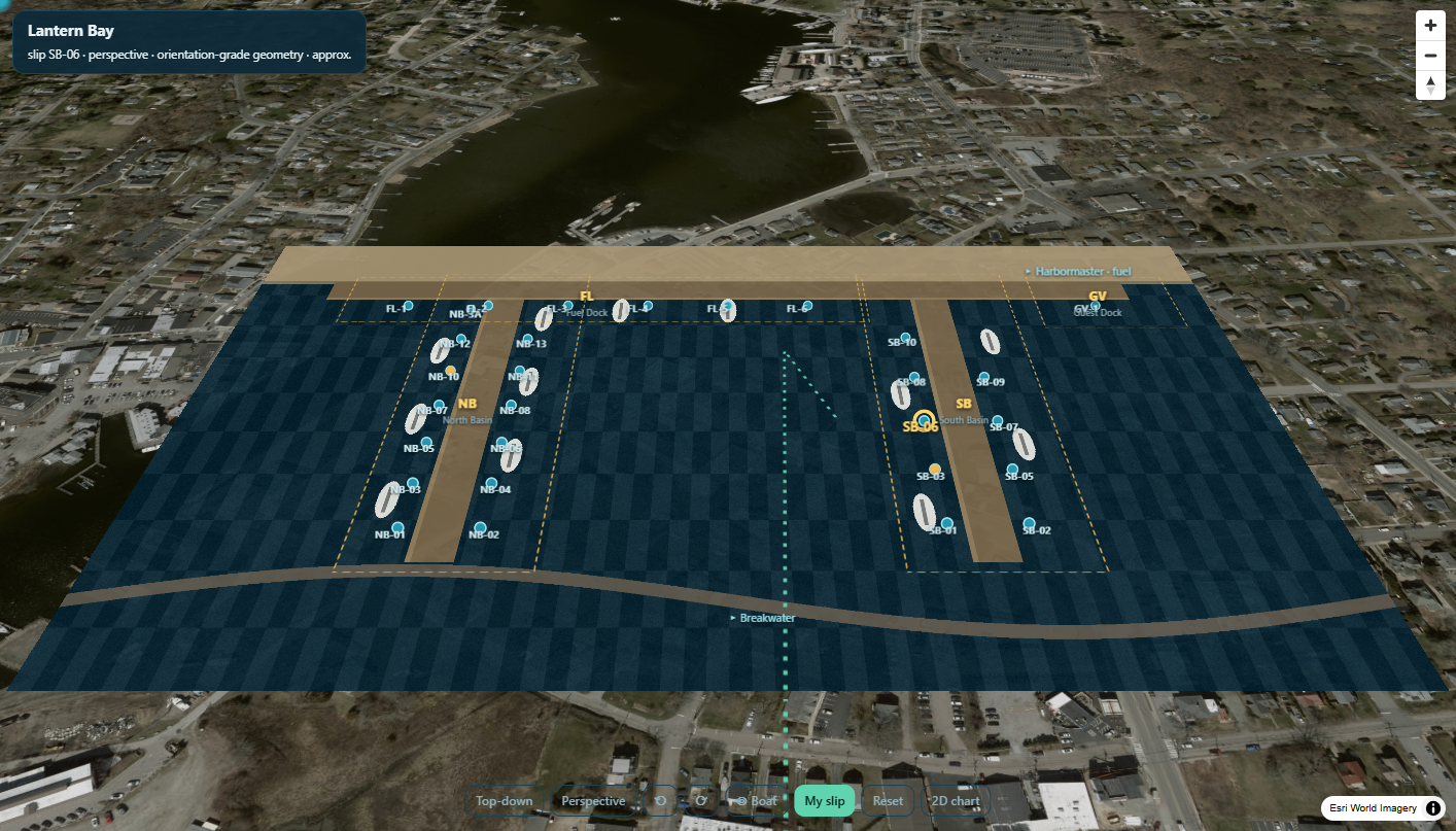 SlipLanding arrival view — 3D perspective over a marina's docks with the slip highlighted